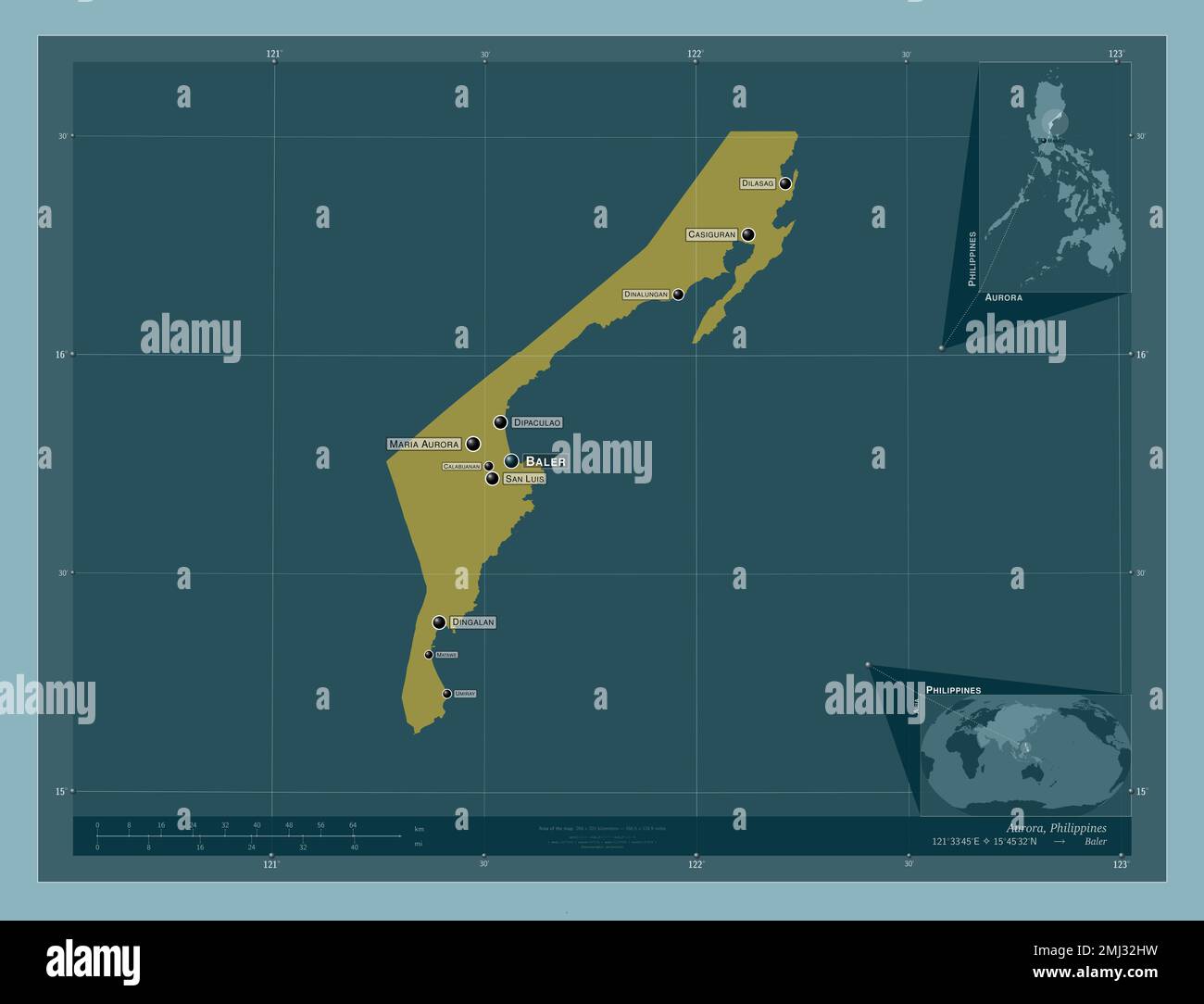 Aurora, province of Philippines. Solid color shape. Locations and names