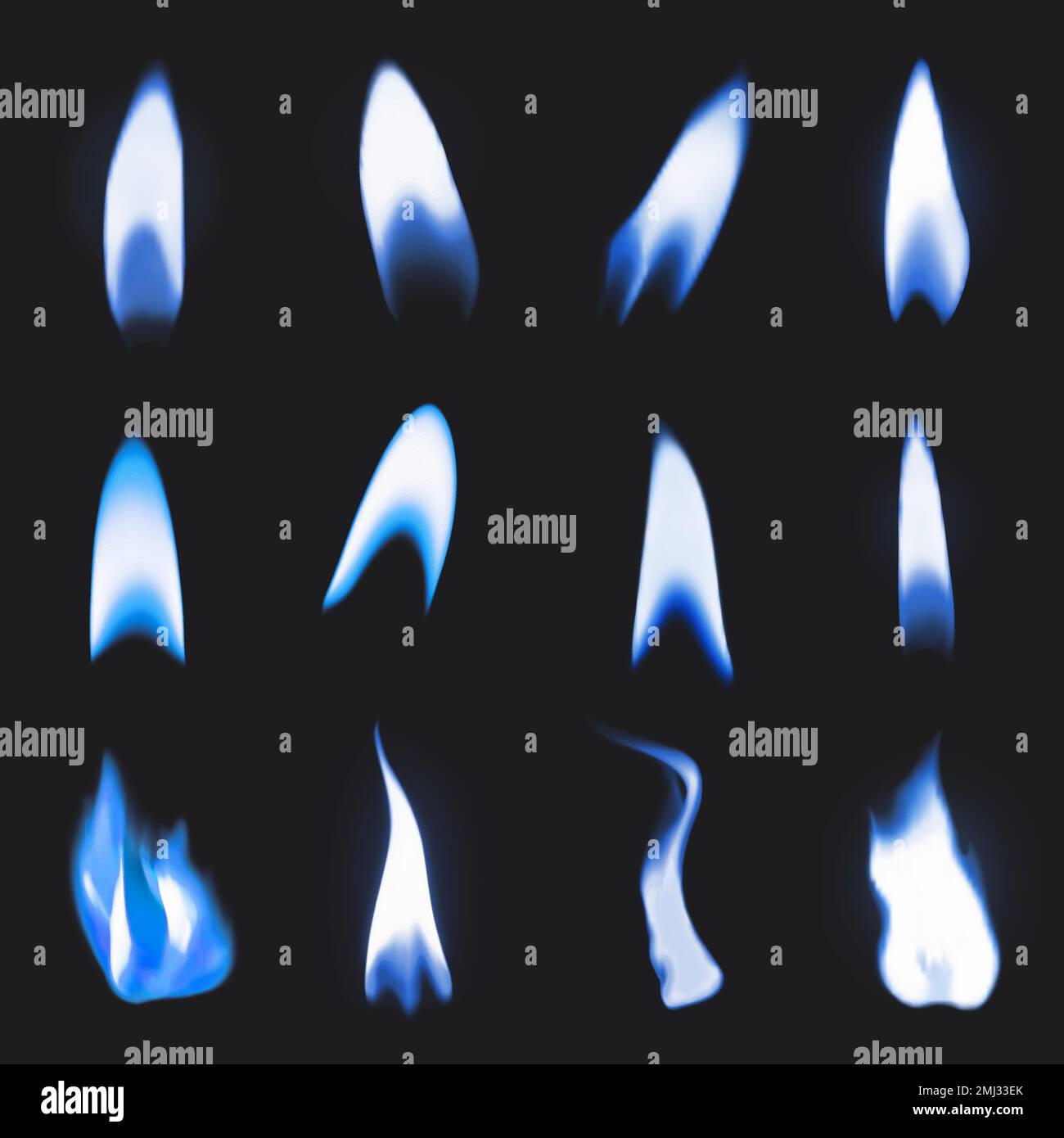 Blue flame sticker, realistic fire image vector set Stock Vector