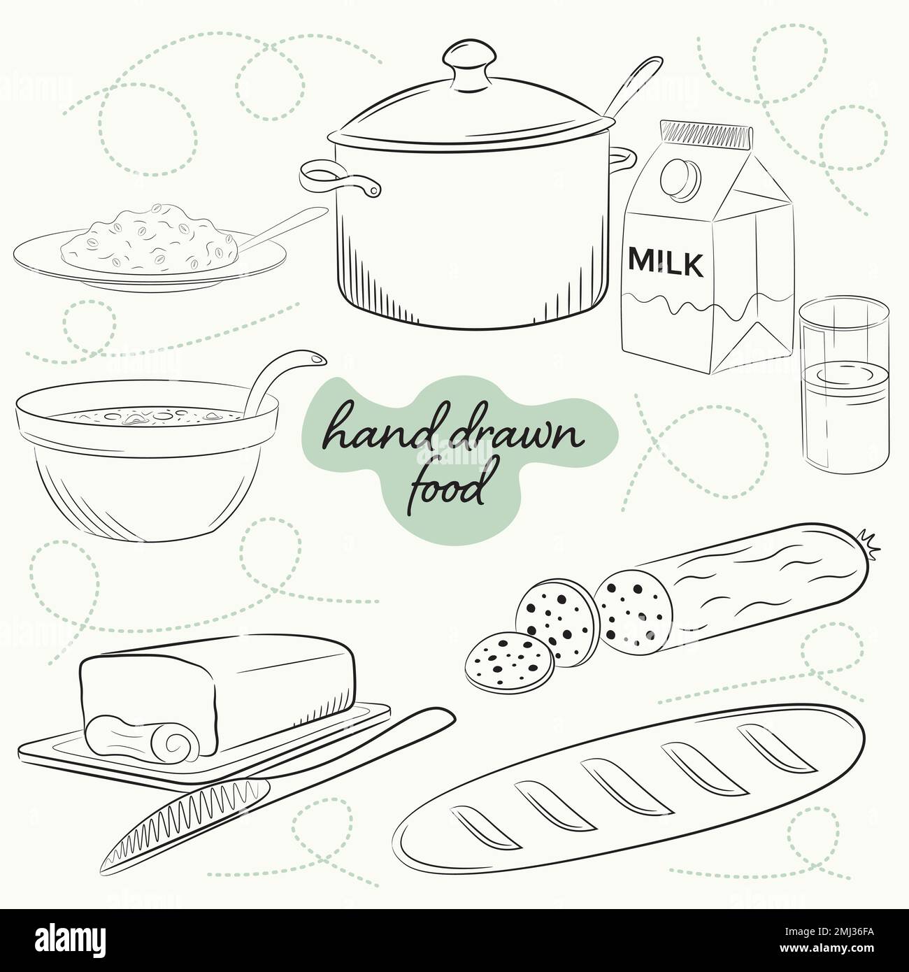 a set of hand drawn food in the dish Stock Vector