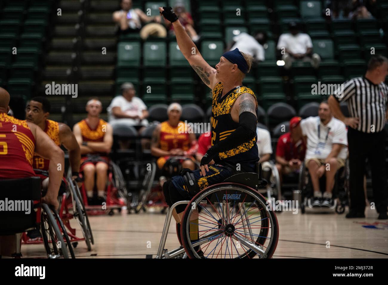ORLANDO, Fla. (Aug. 25, 2022) Retired U.S. Navy Julius McManus. NDC, Team Navy, shoots a ball from the free throw line during the wheelchair basketball game at the DoD Warrior Games, Aug. 25, 2022. The Warrior Games are composed of over 200 wounded, ill and injured service members and veteran athletes, competing in 12 adaptive sporting events Aug. 19-28, 2022 at the ESPN Wide World of Sports Complex in Orlando, Florida. Stock Photo