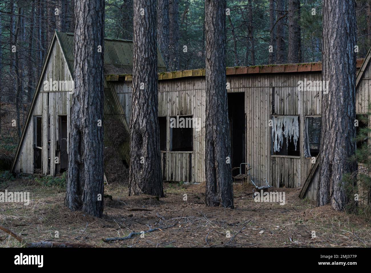 An empty and derelict hut in an old abandoned ski resort in the woods on Mount Etna, Sicily, Italy Stock Photo
