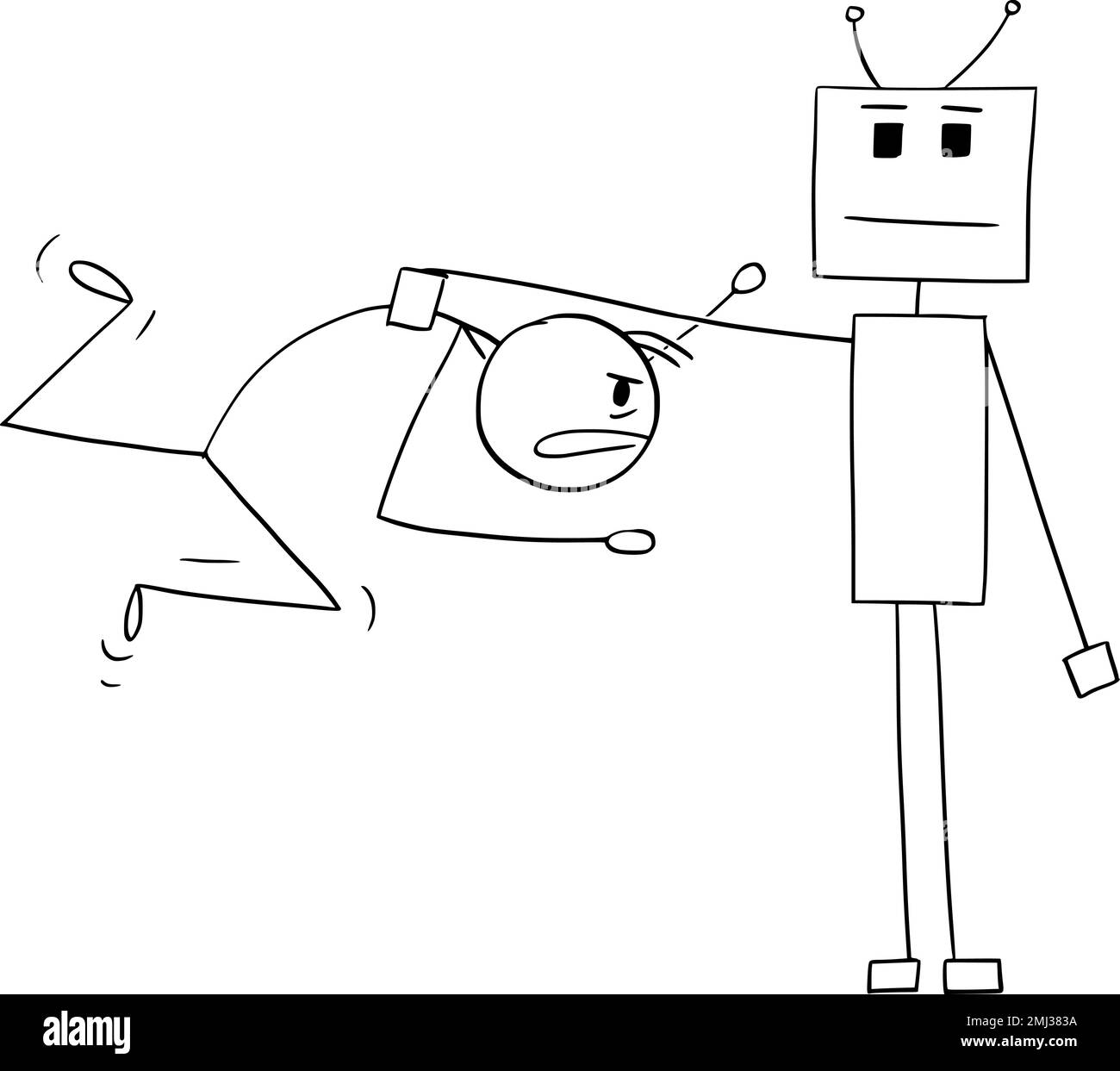 Robot Holding Human , Vector Cartoon Stick Figure Illustration Stock
