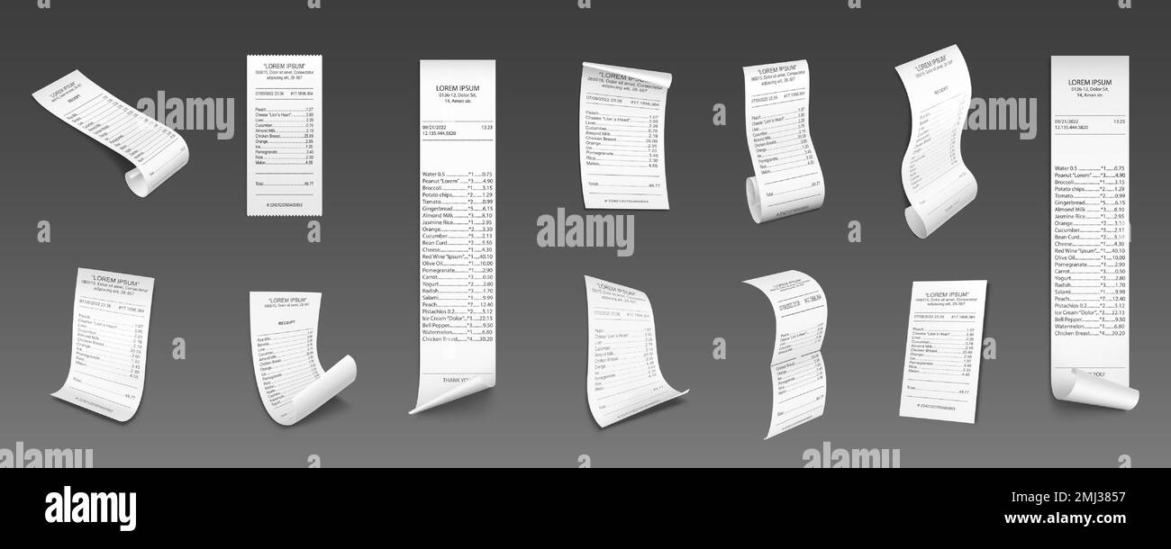 Paper receipts, cash checks of purchases in grocery shop or supermarket
