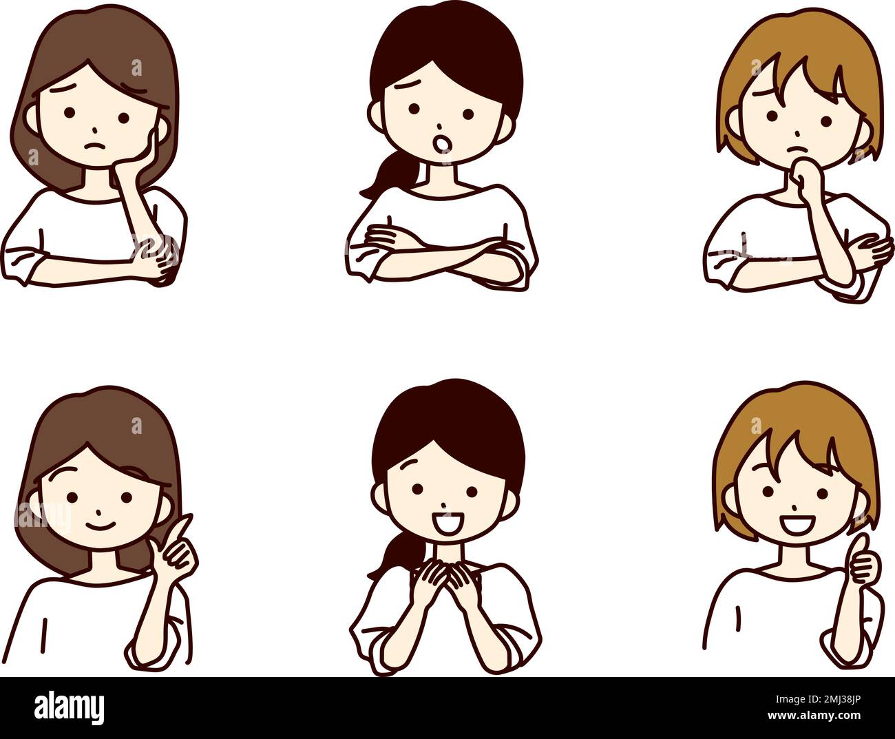 Young women's worries and happy facial expressions. Stock Vector