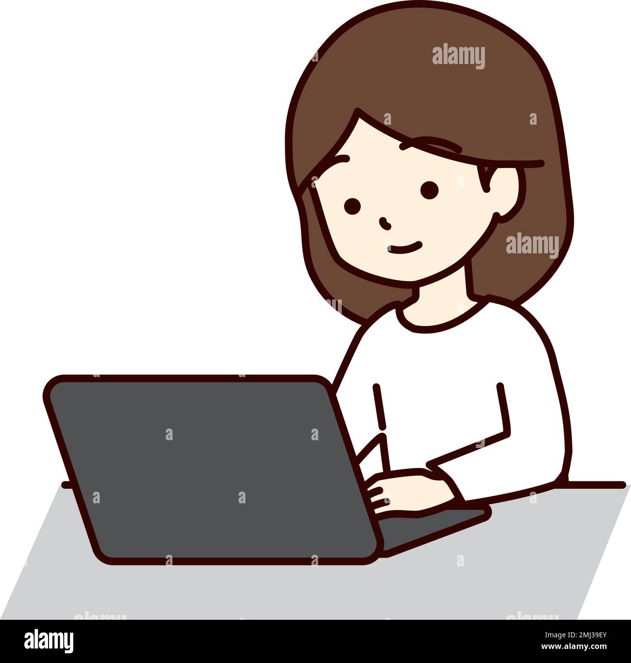 A woman operating a laptop with a smile. Stock Vector