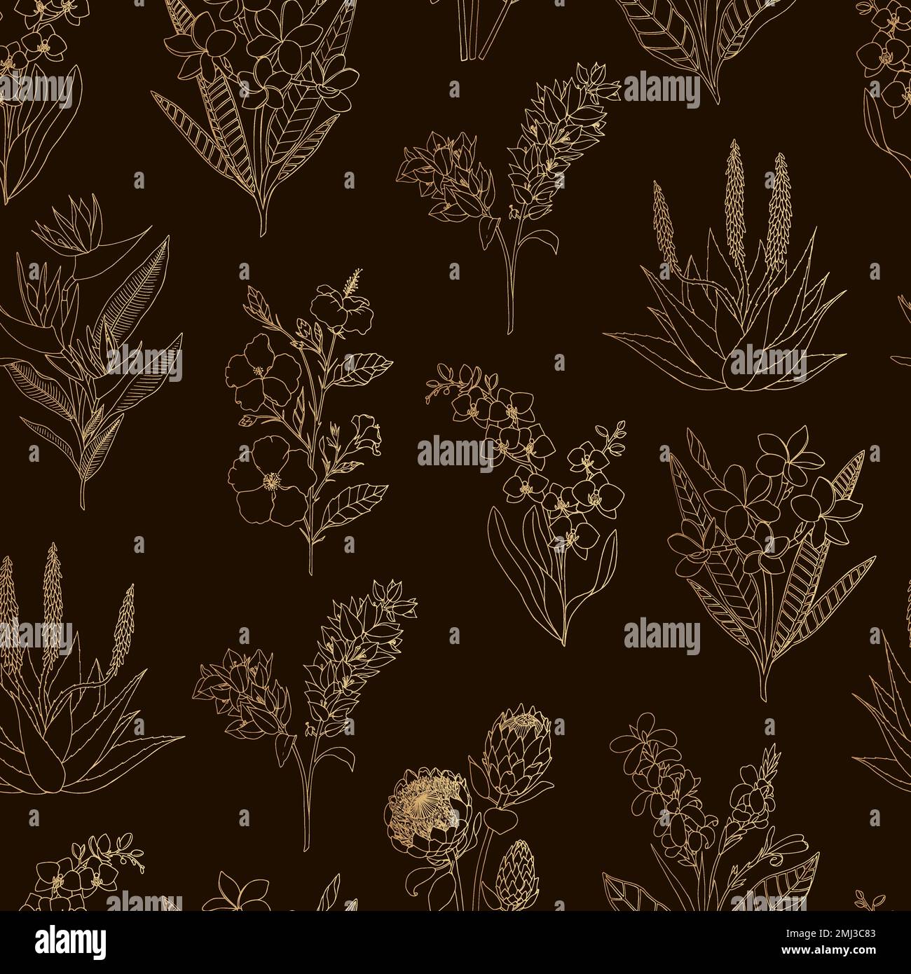 Vector seamless pattern of gold tropical flowers on black background. Hand drawn     floral background. Sketch style tropic design elements Stock Vector