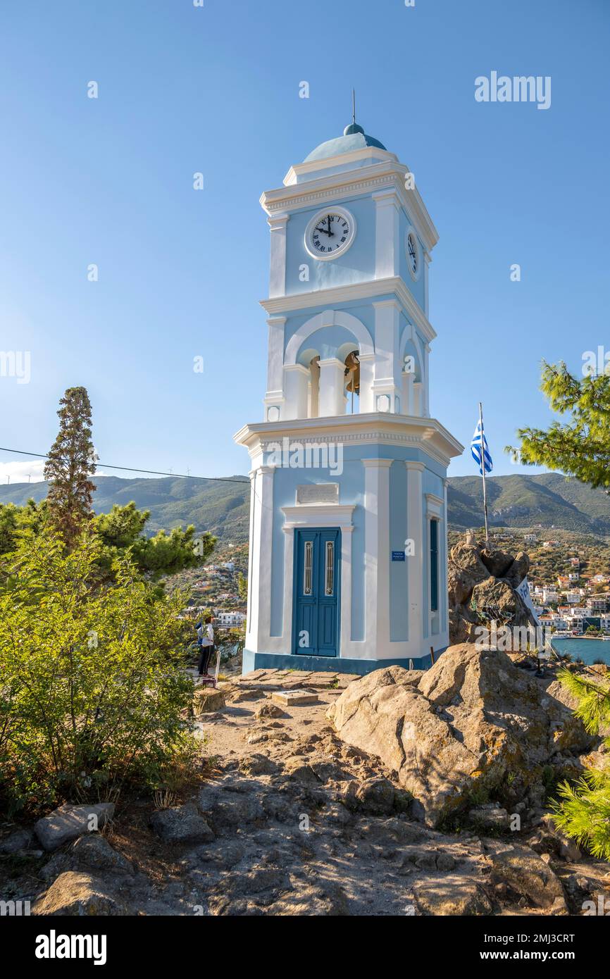 Clock Tower of Poros, Saronic Gulf, Greece Stock Photo