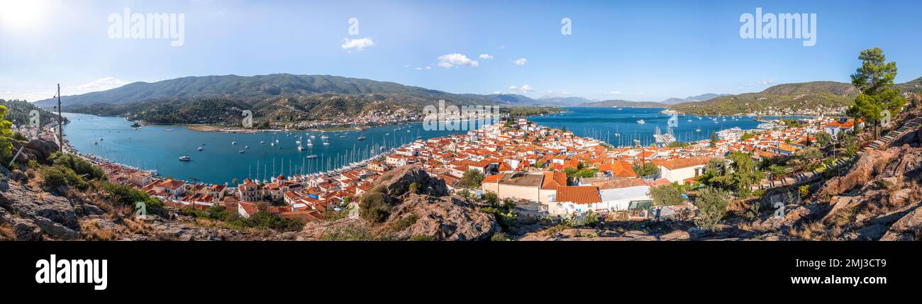 Town view, Poros island with town and Peloponnesian coast with village Galatas, Saronic Gulf, Greece Stock Photo