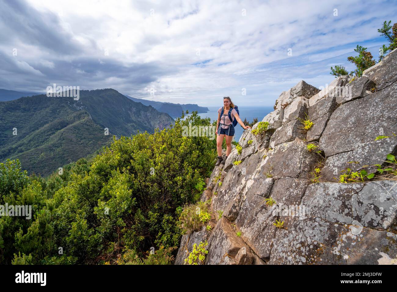 Hiker at Vereda do Larano, Madeira, Portugal Stock Photo
