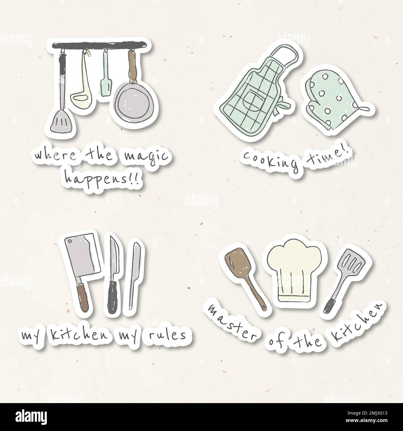 Cute kitchen utensils doodle stickers set vector Stock Vector Image
