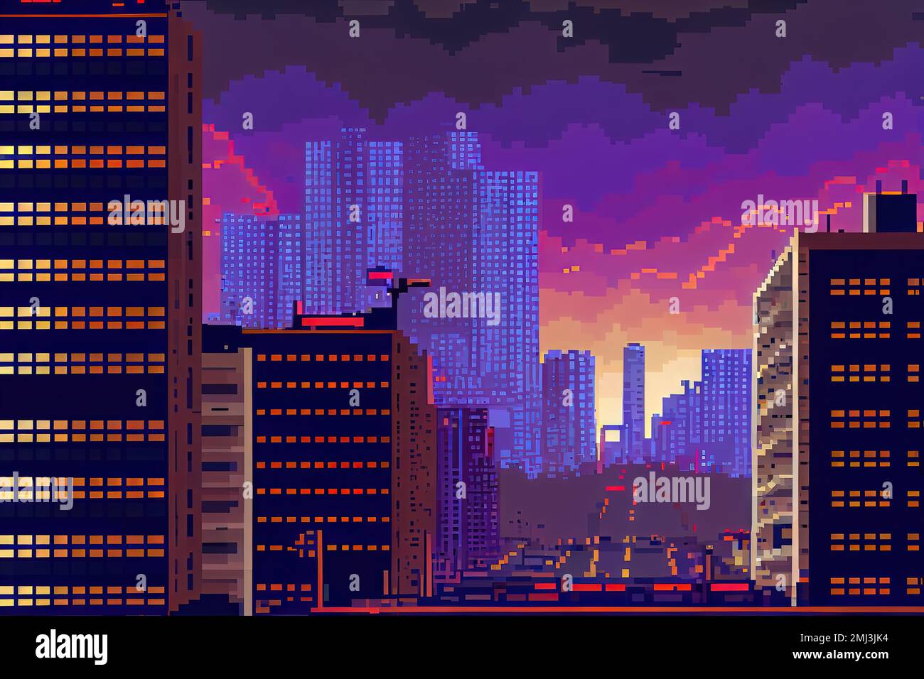 pixel art cityscape - 16-bit urban skyline filled with skyscrapers