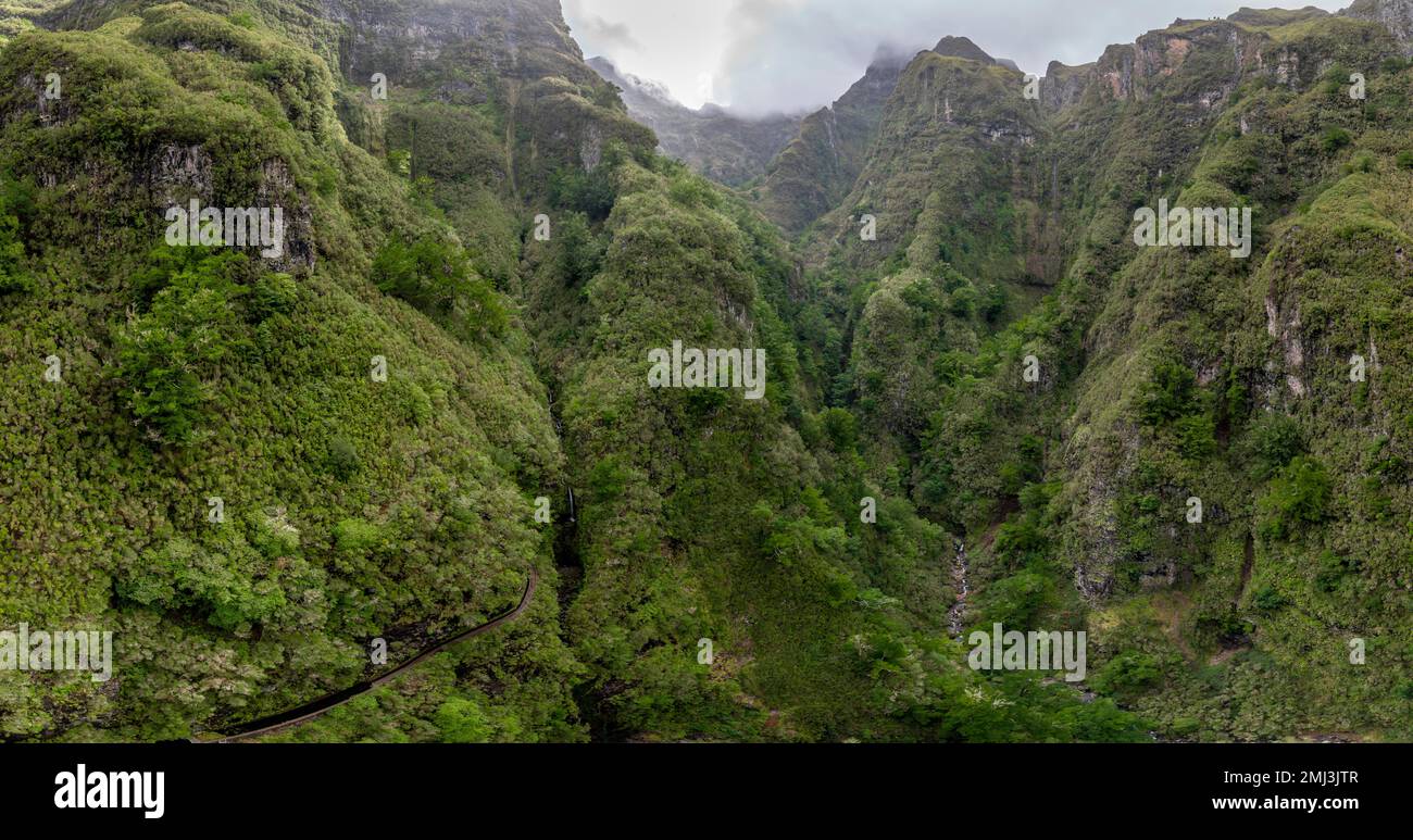 Inland landscape, mountain valley with forest at Caldeirao Verde, Madeira, Portugal Stock Photo