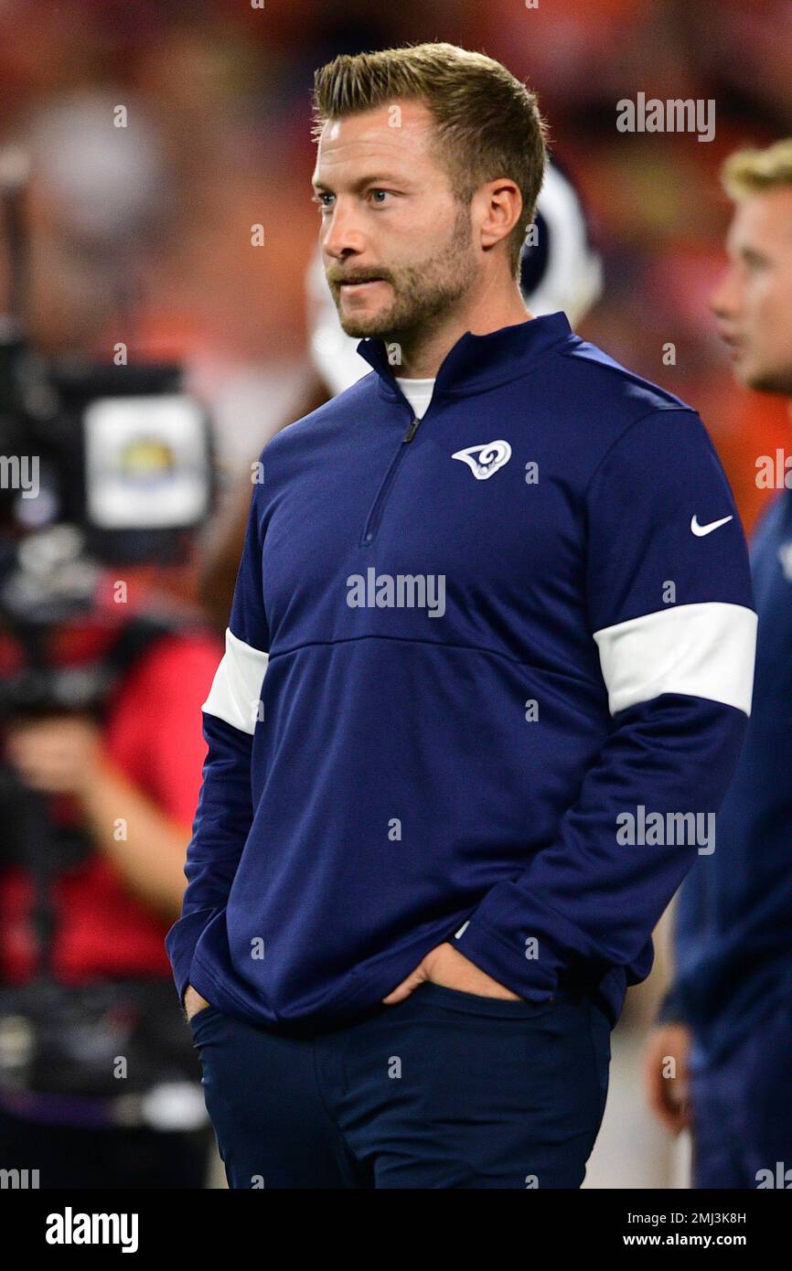 Los Angeles Rams head coach Sean McVay watches during warm ups