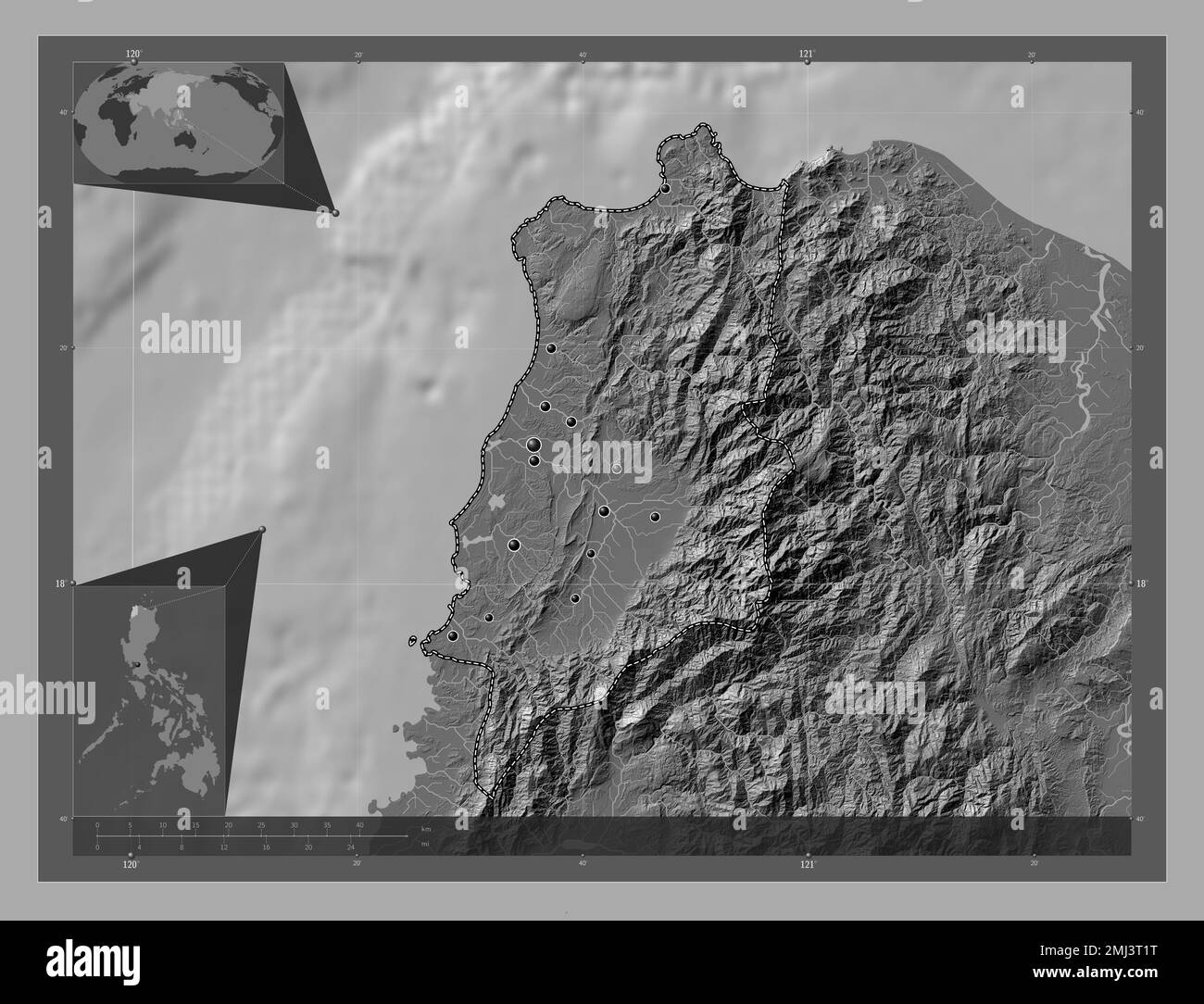 Ilocos Norte, province of Philippines. Bilevel elevation map with lakes