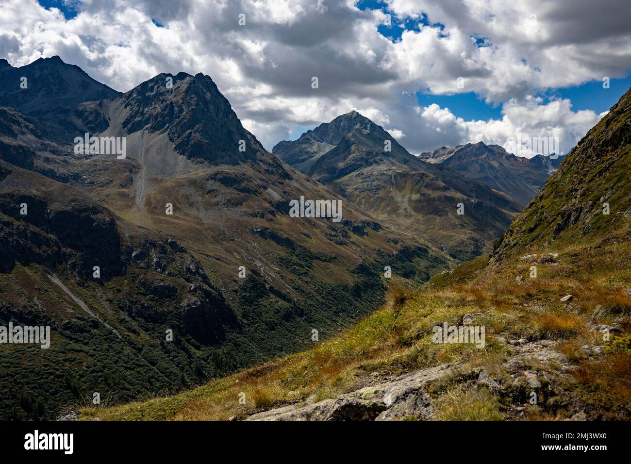 Summit of Val Bever with cloudy sky, St Moritz, Engadin, Grisons, Switzerland Stock Photo