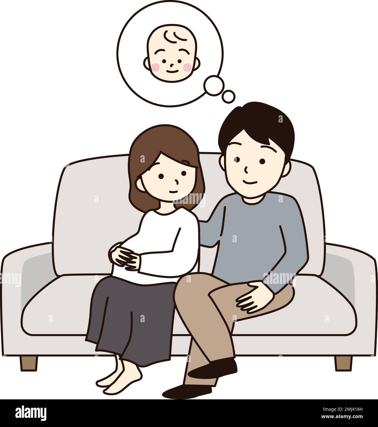 Pregnant wife and husband sitting on the sofa. Stock Vector