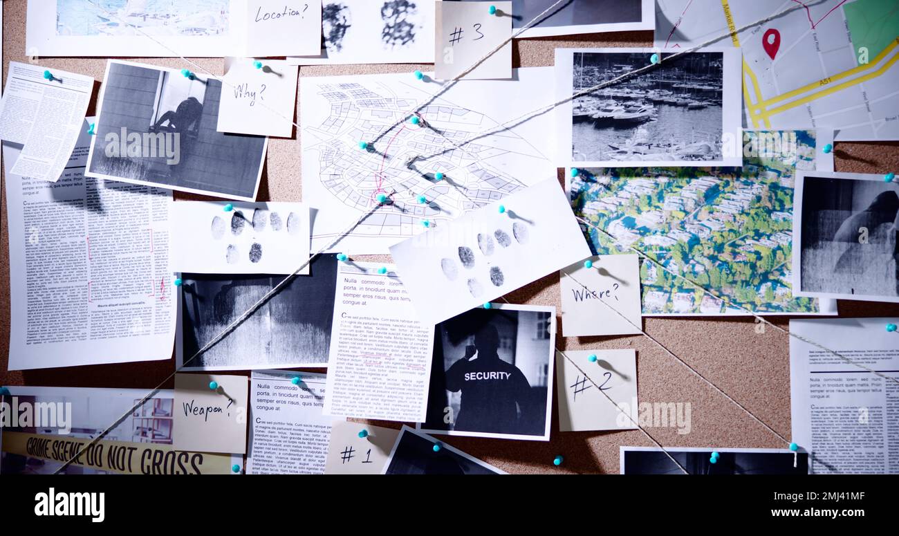 Police Investigator Board Background. Detective Evidence Map Stock
