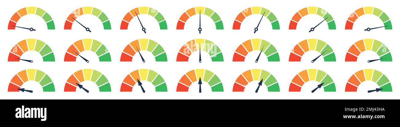 Set of different meter gauge element. Green and red, low and high barometers,bad and good level or risk scale. Vector isolated illustration Stock Vector