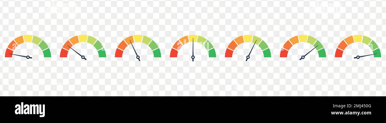 Set of speedometer, speed dial indicator. Green and red, low and high ...