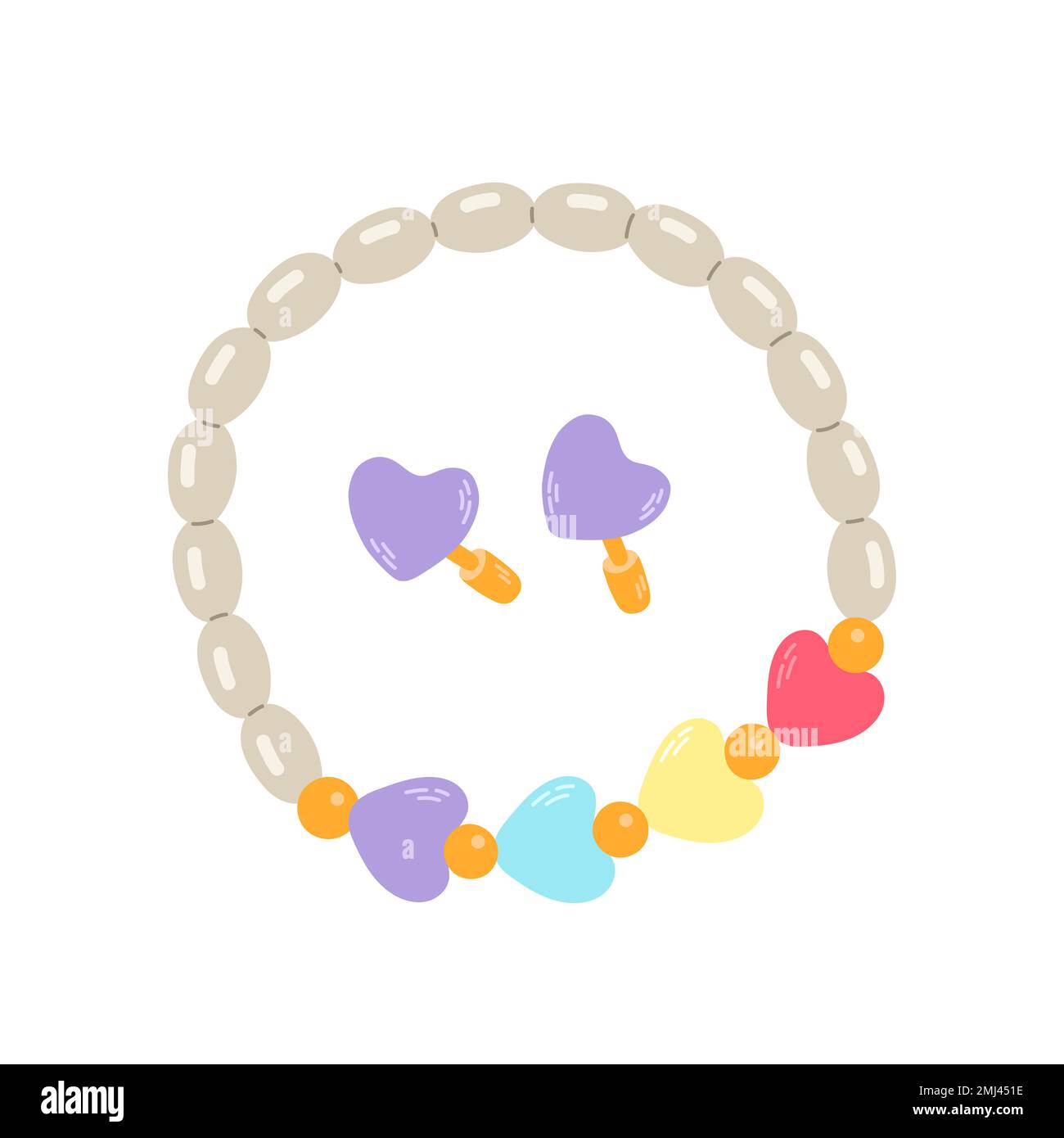 Kids jewelry. Cartoon drawing of bracelet and earrings from colorful beads for children isolated on white. Stock Vector