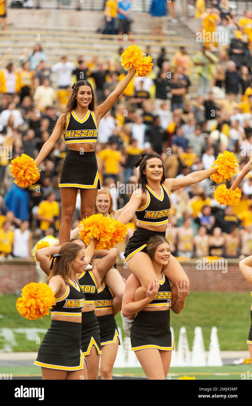 The Missouri cheerleaders perform during the first quarter of an NCAA