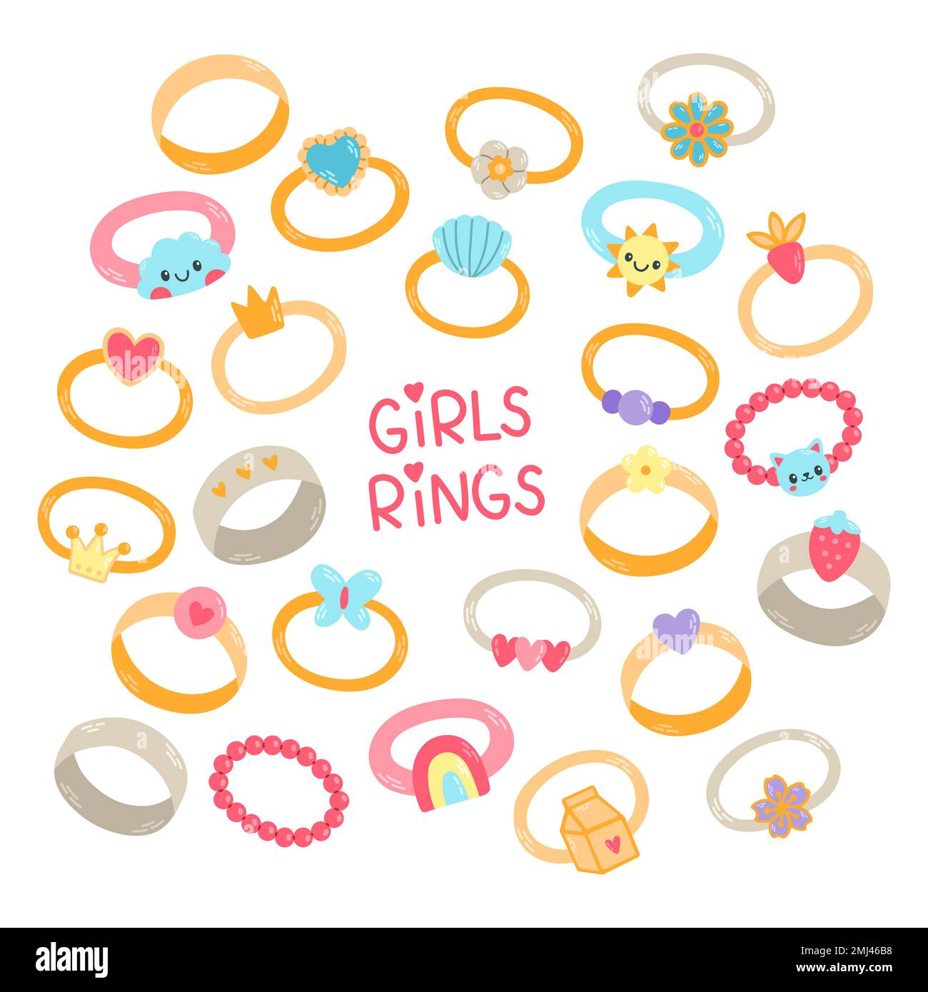 Kids jewelry set, different cute rings. Cartoon drawing rings for children isolated on white. Fashion, jewelry concept Stock Vector