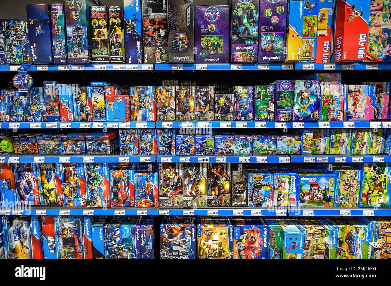 Shelf with Playmobil system toys in the wholesale market, Bavaria, Germany Stock Photo