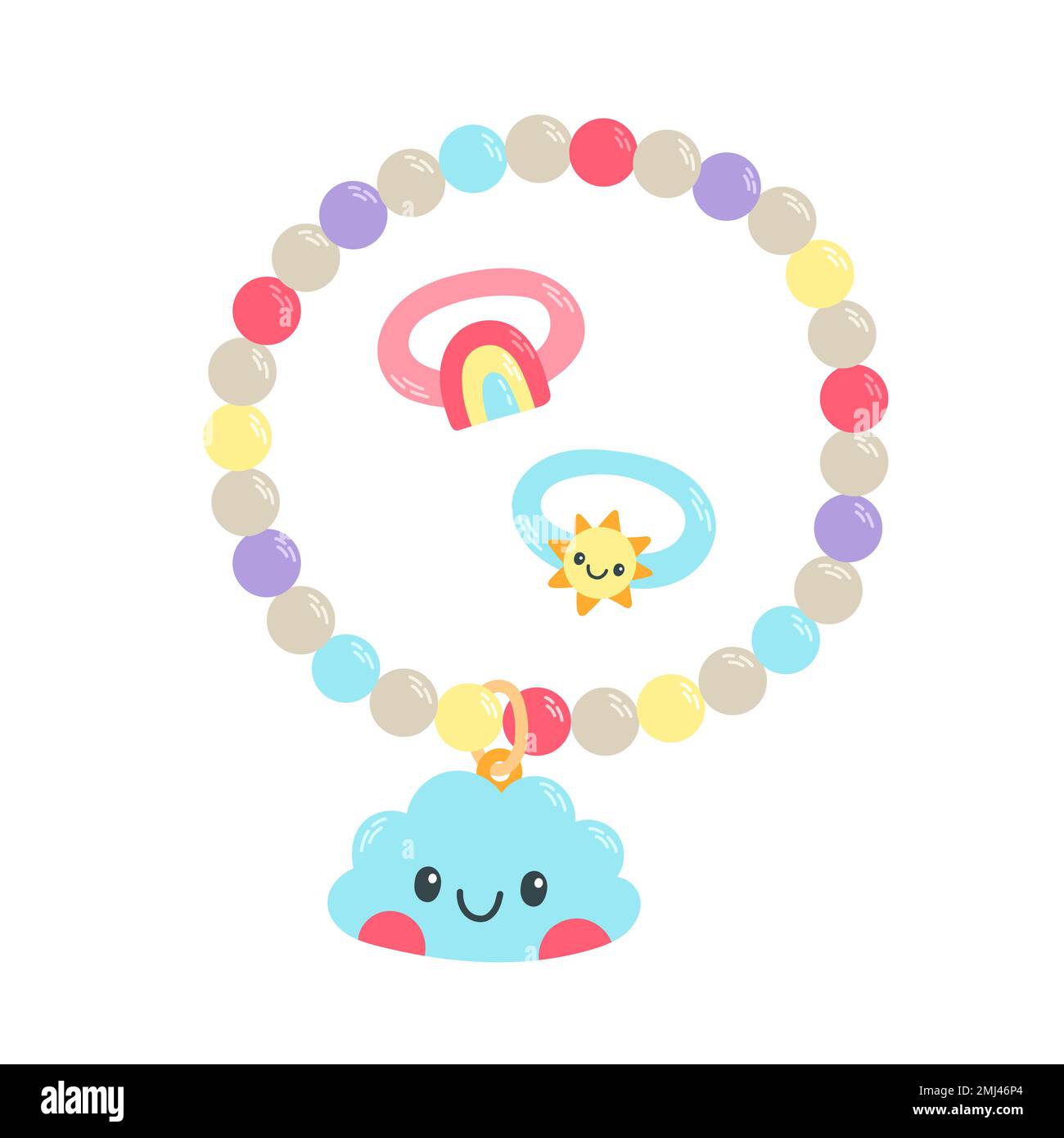 Kids jewelry. Cartoon drawing of bracelet and rings from colorful beads for children isolated on white. Stock Vector