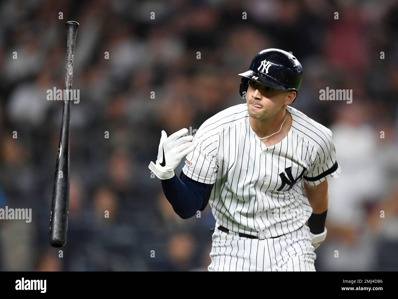 New York Yankees' Tyler Wade flips his bat after hitting a two-run