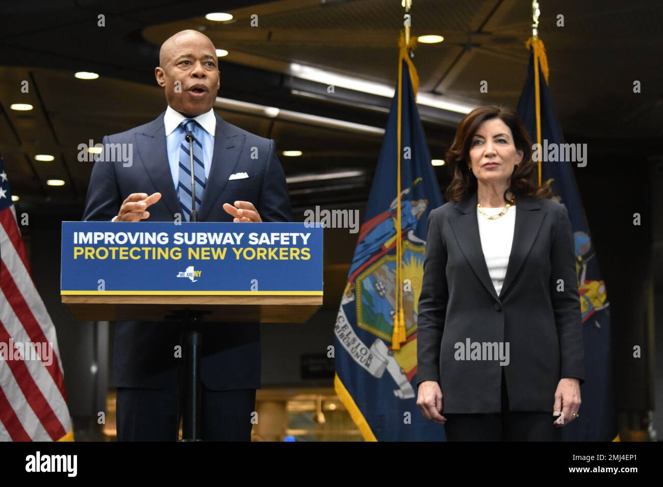 Mayor of New York City Eric Adams speaks alongside Governor of New York