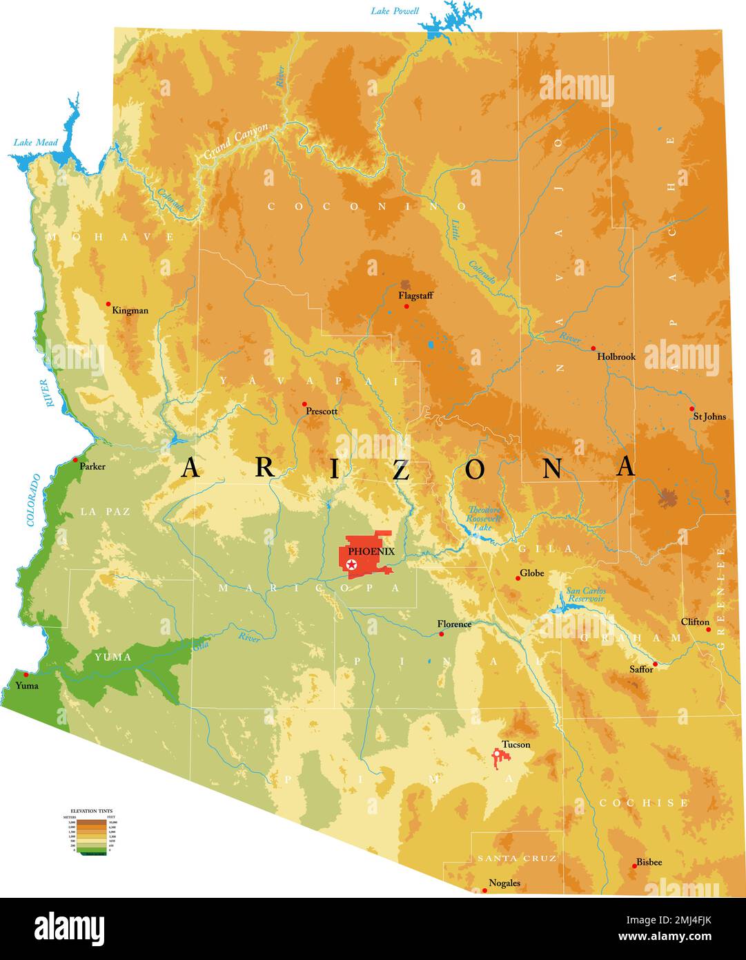 Highly detailed physical map of the Arizona, in vector format,with all the relief forms,regions and big cities. Stock Vector
