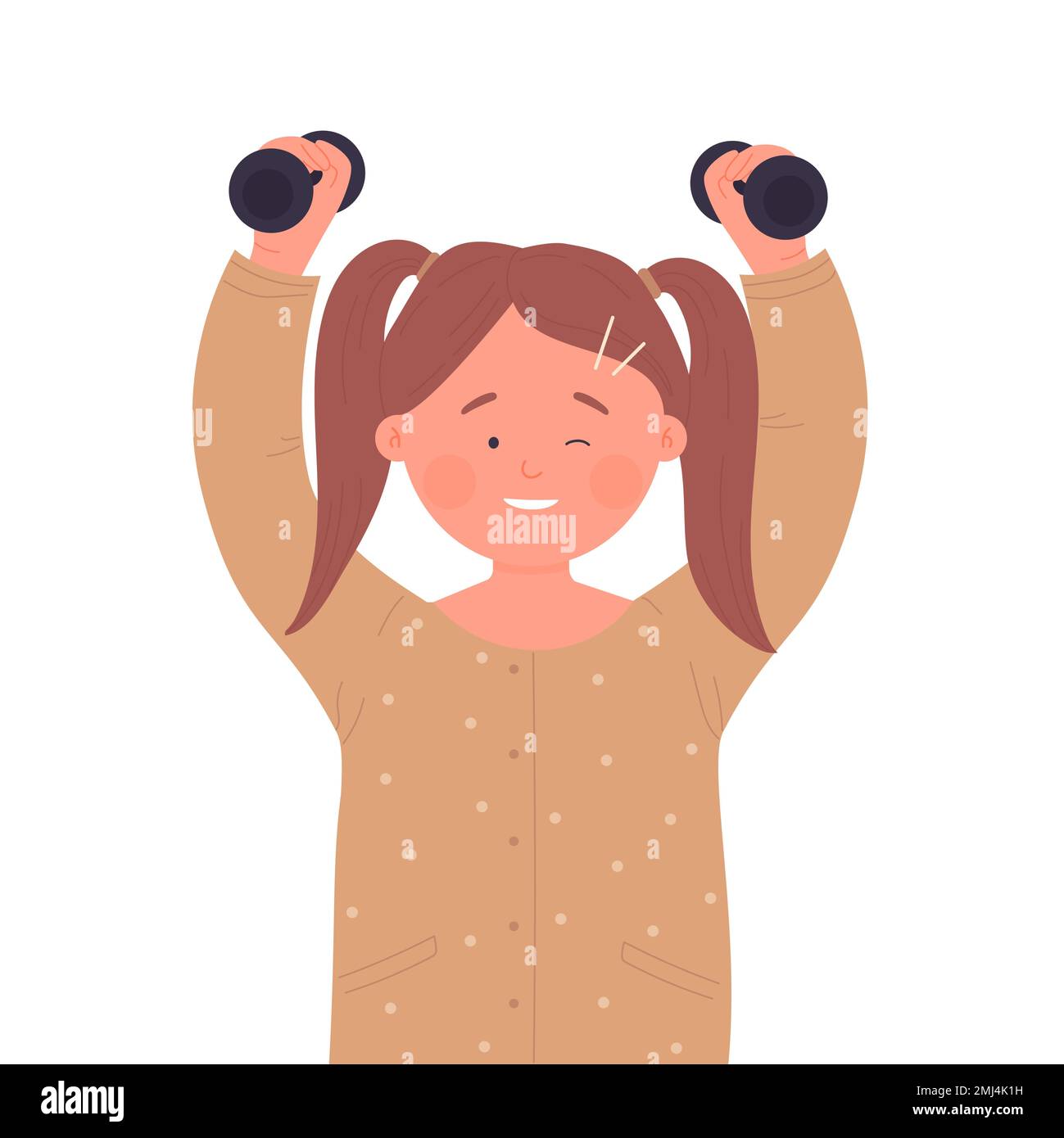 Happy kid with sport dumbbells. Playful sporty game, daily activity vector illustration Stock Vector