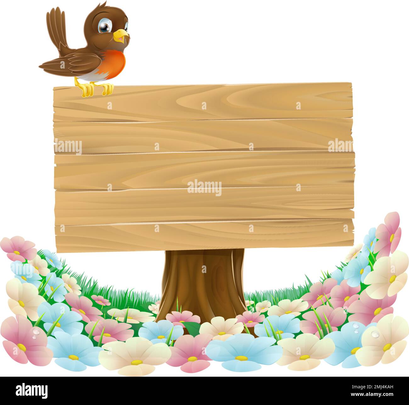 Robin Bird Cartoon Wooden Background Sign Stock Vector