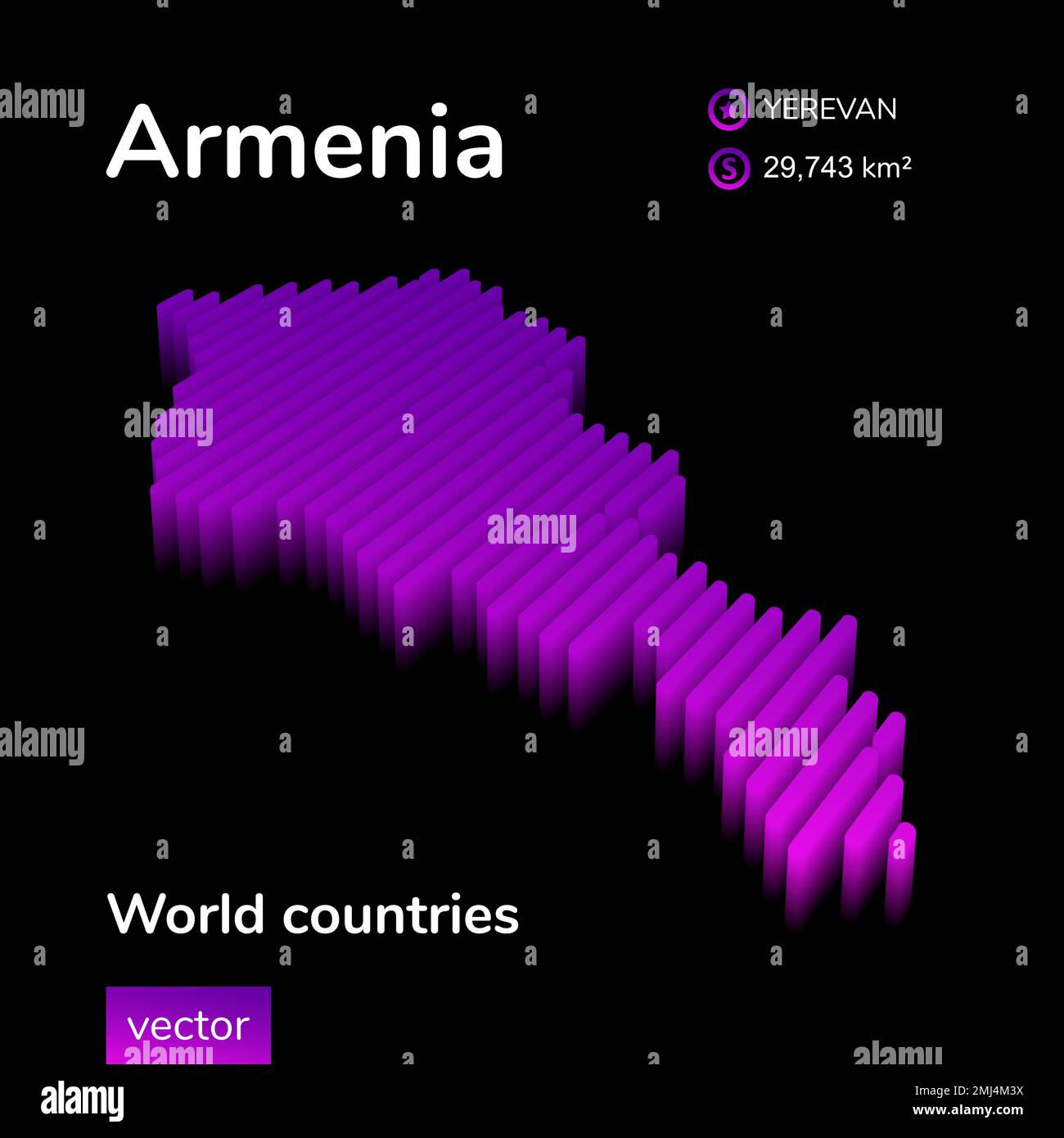 Armenia 3D map. Stylized neon digital isometric striped vector Map of Armenia is in violet and pink colors on black background Stock Vector