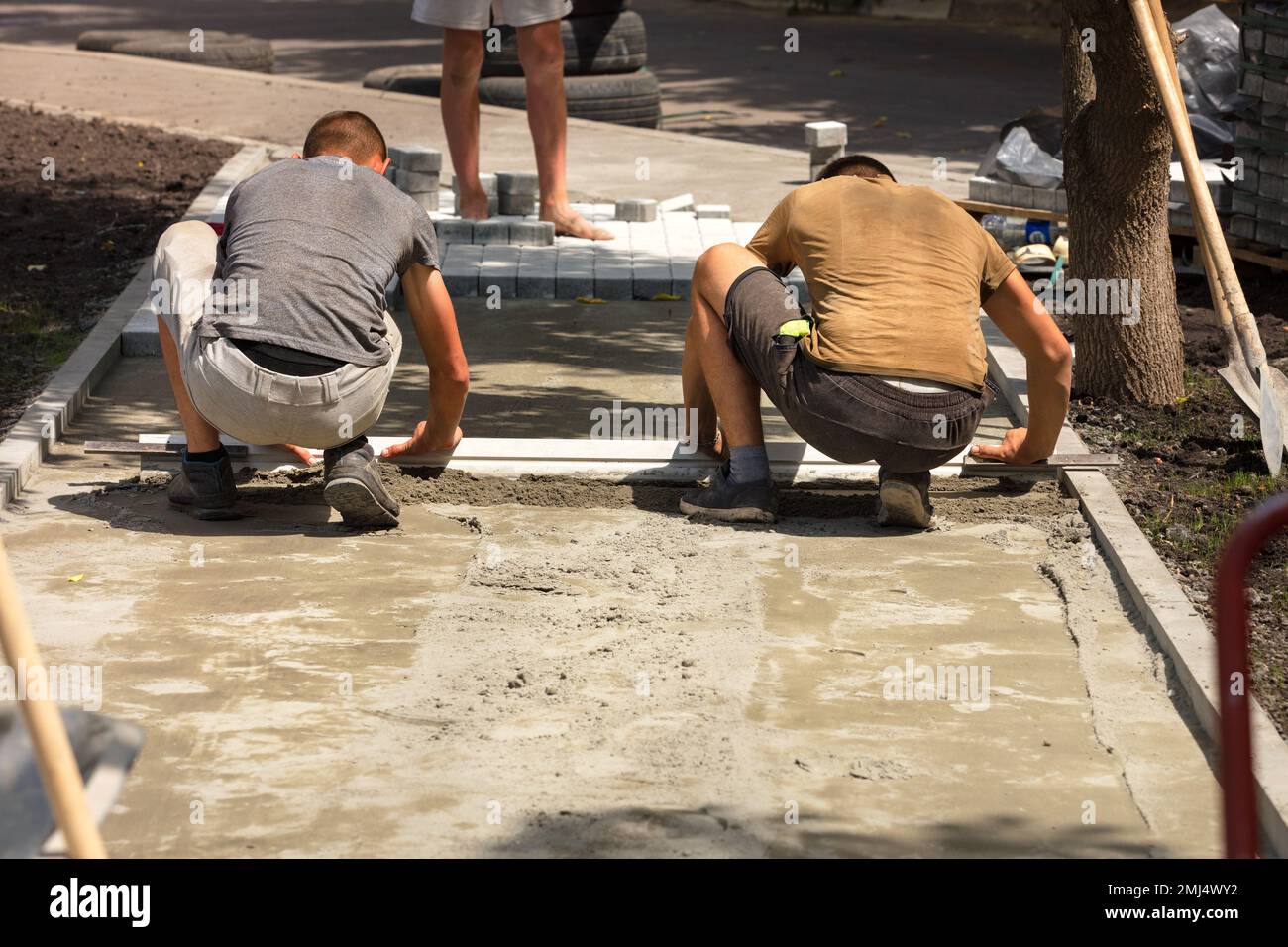 Young working men make a path, laying paving slabs on a sand base on a ...