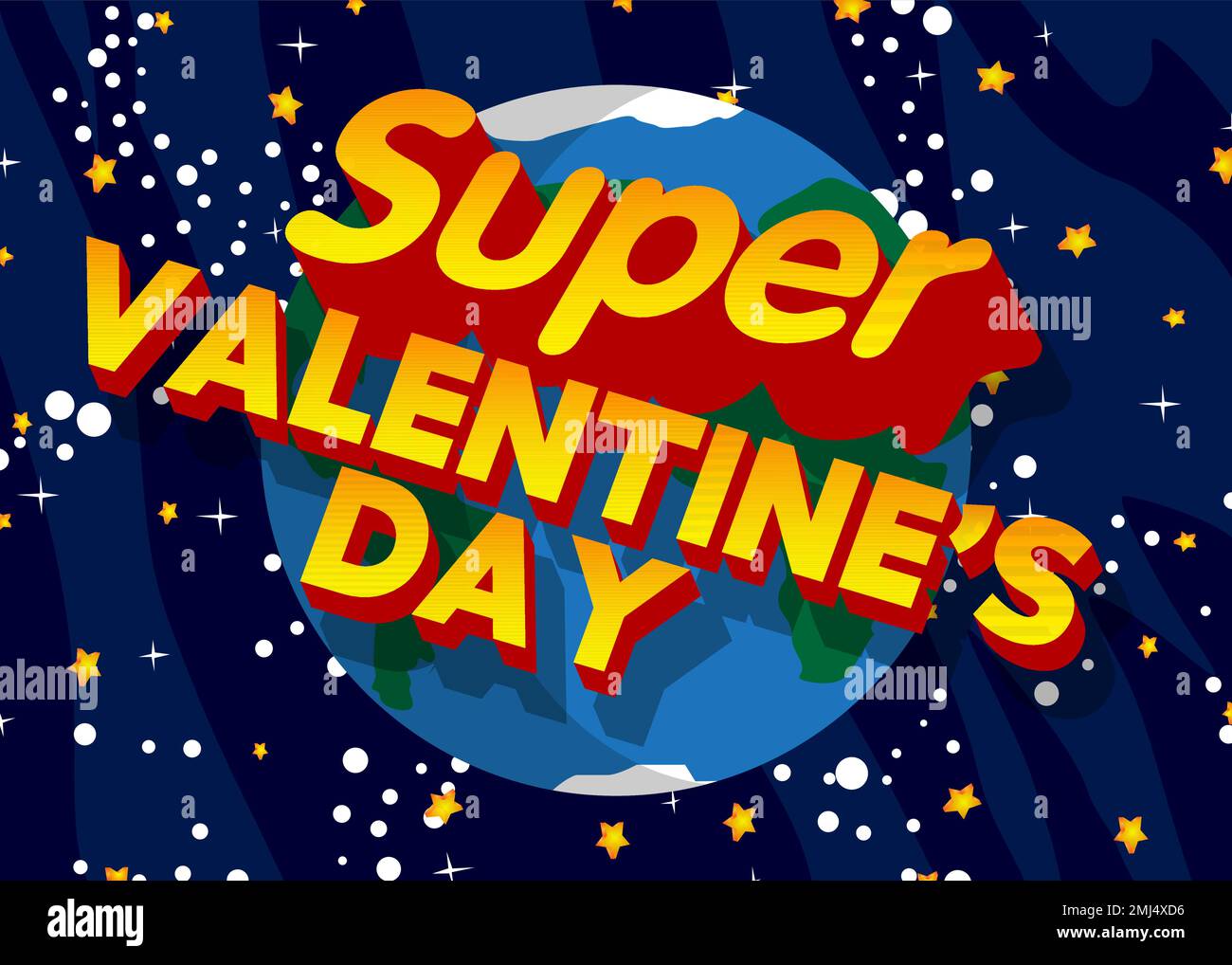 Earth with Super Valentine’s Day text. Cartoon Space, cosmos. Vector cartoon illustration