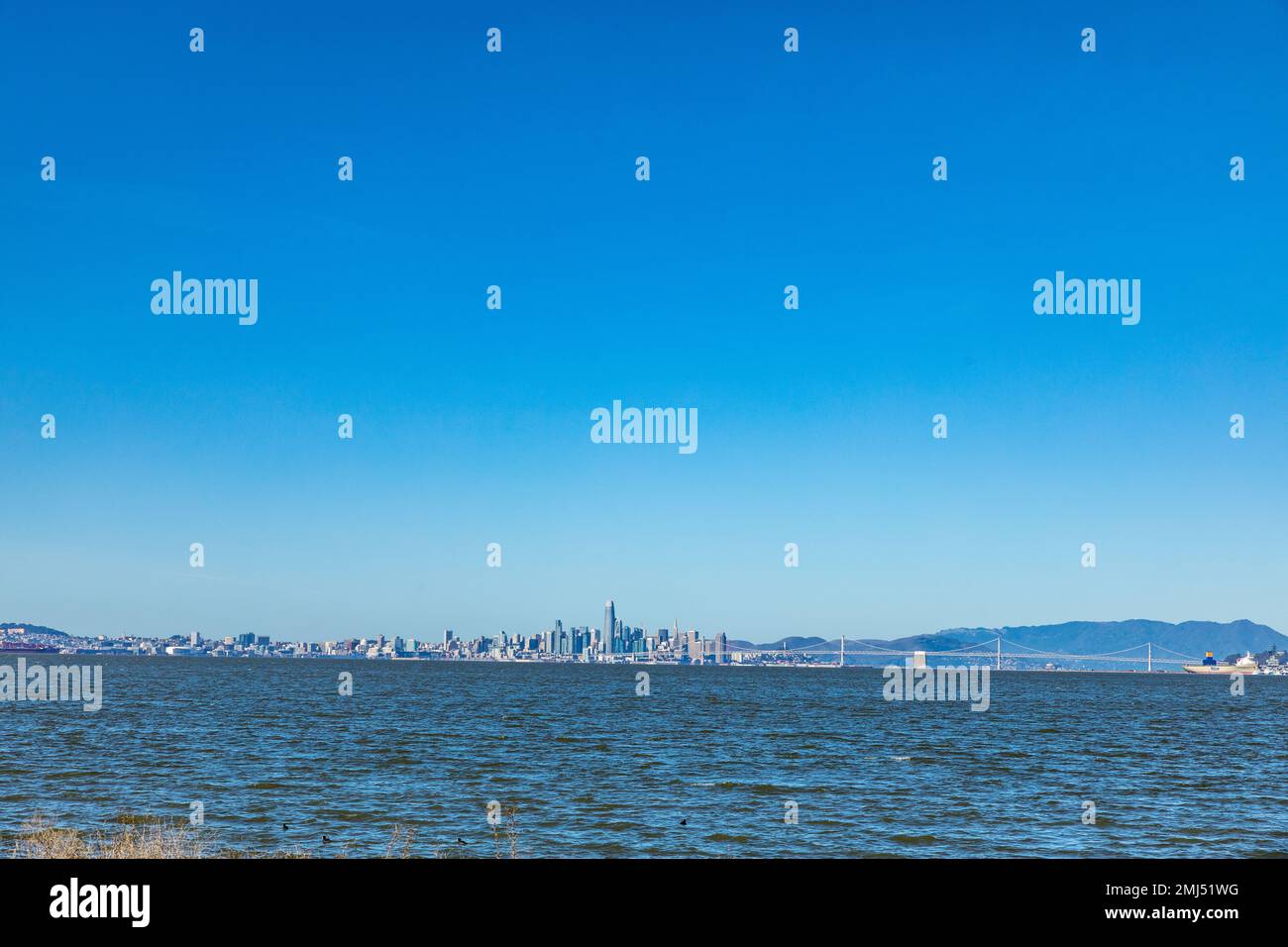 The San Francisco Skyline From Alameda California on January 22 2023 the beginning of Tet and Chinese New year and also at the peak of King tide. Stock Photo