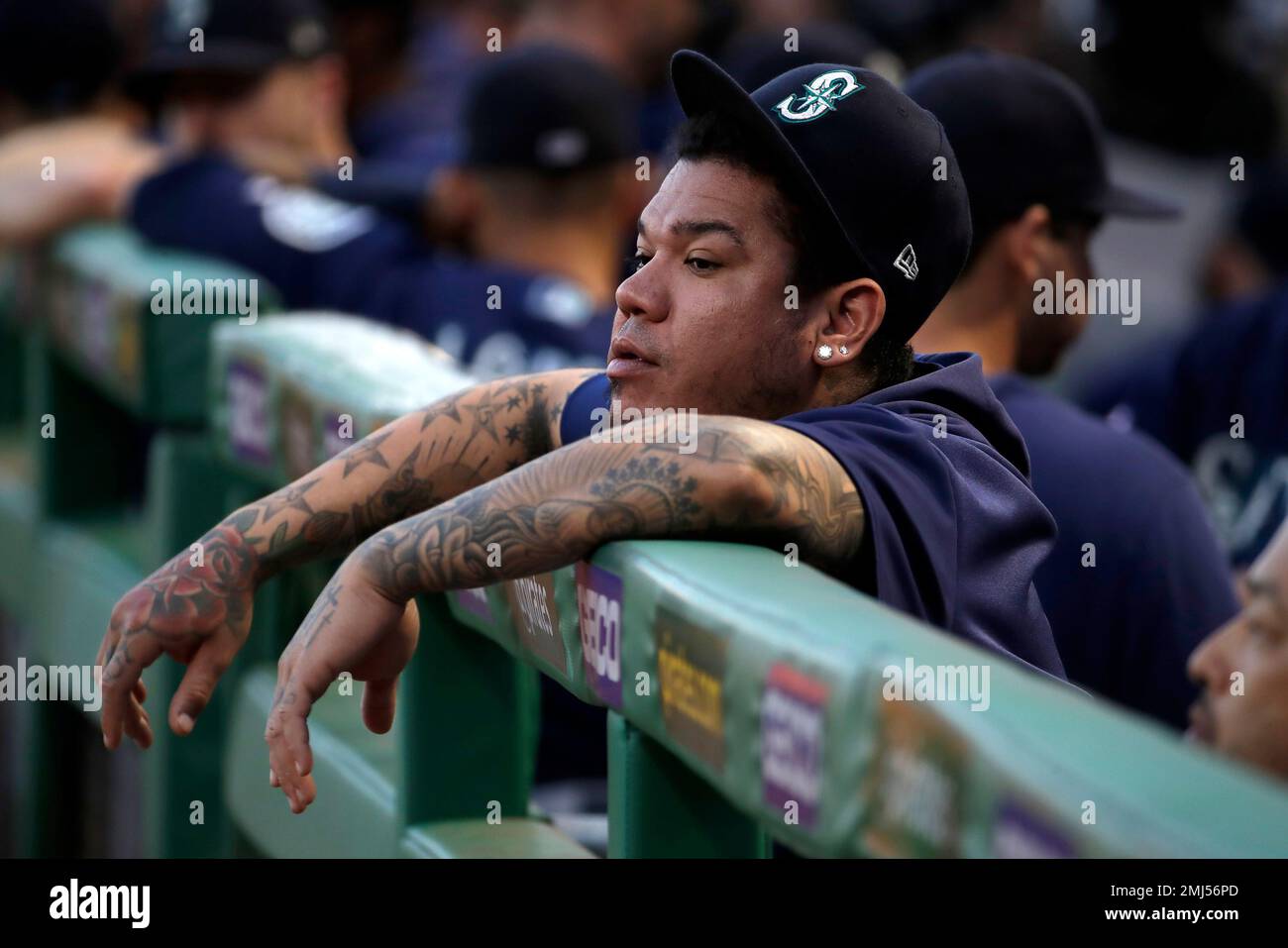 Seattle Mariners starting pitcher Felix Hernandez stands in the dugout  before a baseball game against the Pittsburgh Pirates in Pittsburgh,  Tuesday, Sept. 17, 2019. (AP Photo/Gene J. Puskar Stock Photo - Alamy