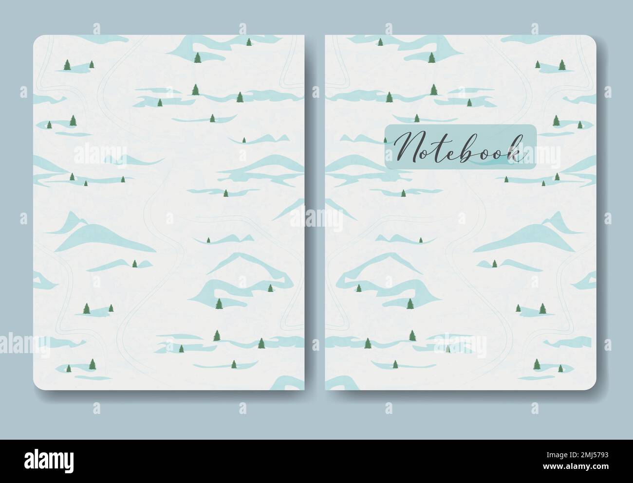 Notebook cover with winter snowy hills landscape illustration. Vector