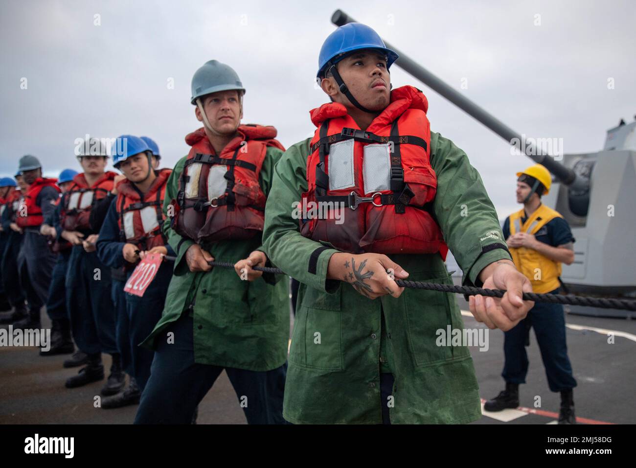 220825-N-QI593-1076 ATLANTIC OCEAN (Aug. 25, 2022) Sailors hold a phone ...