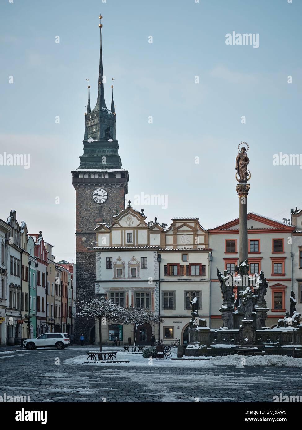Square and observation tower with a clock in Pardubice, Czech Republic Stock Photo