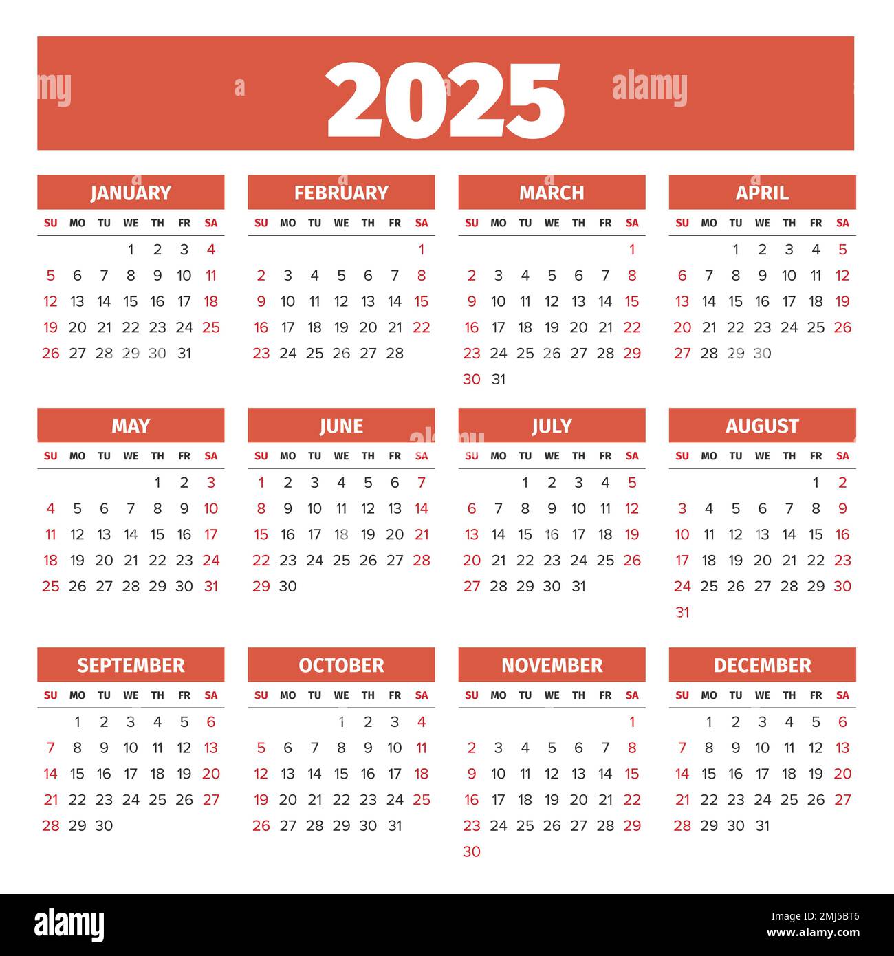 2025 Simple vector calendar. Weeks start on Sunday Stock Vector Image & Art Alamy