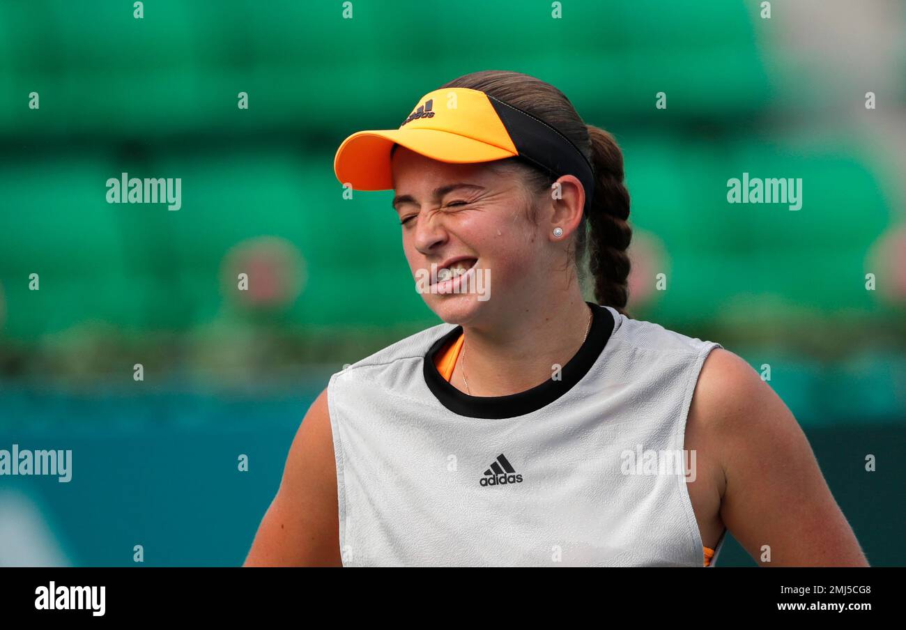 Jelena Ostapenko of Latvia after losing a point against Timea Babos of  Hungary during their first round match of the Korea Open tennis  championships in Seoul, South Korea, Tuesday, Sept. 17, 2019. (