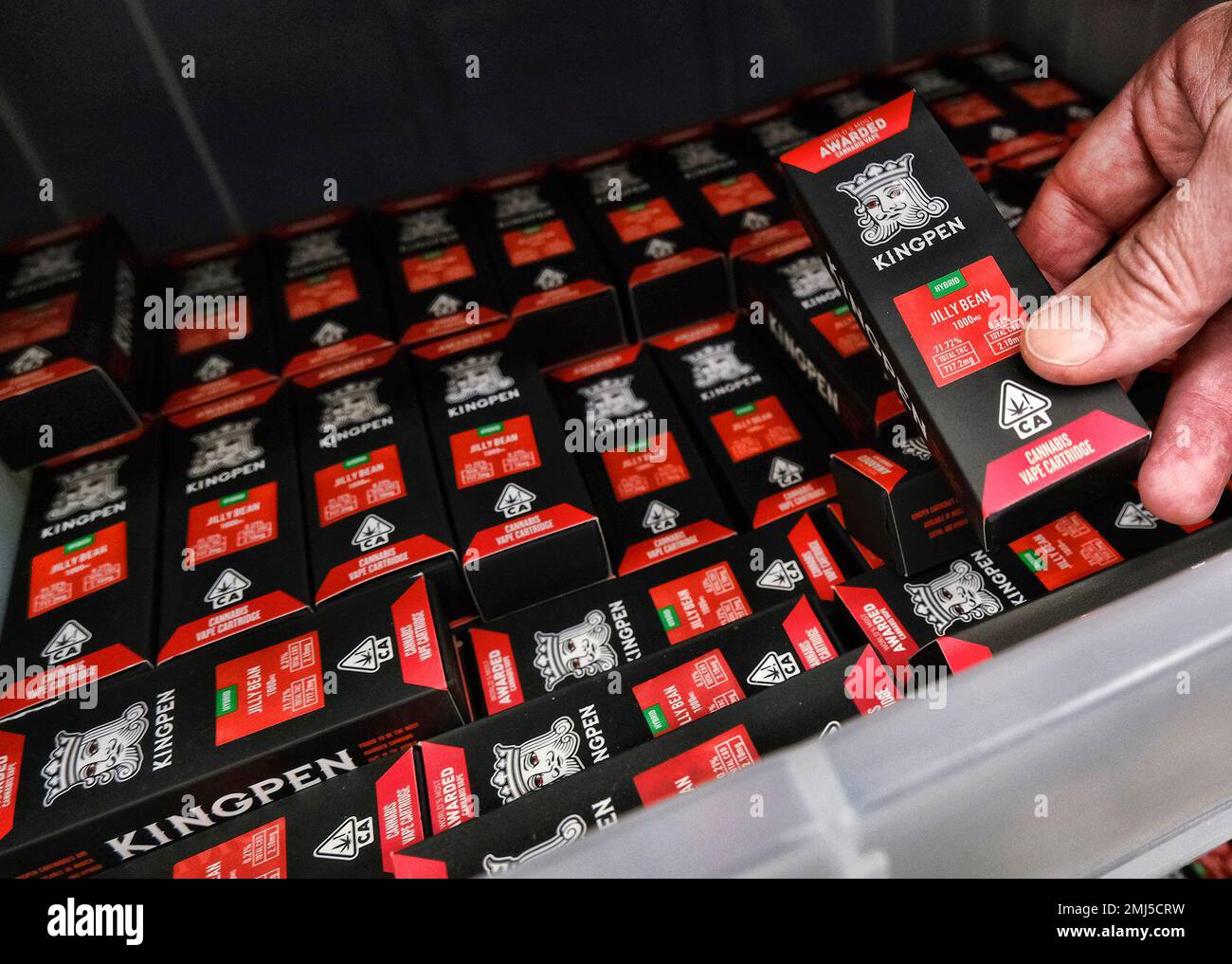 This Wednesday, Aug. 28, 2019, photo shows a bin of Kingpen packaging sold  at a wholesale vape shop in downtown Los Angeles. Bootleggers eager to  profit off unsuspecting consumers are mimicking popular