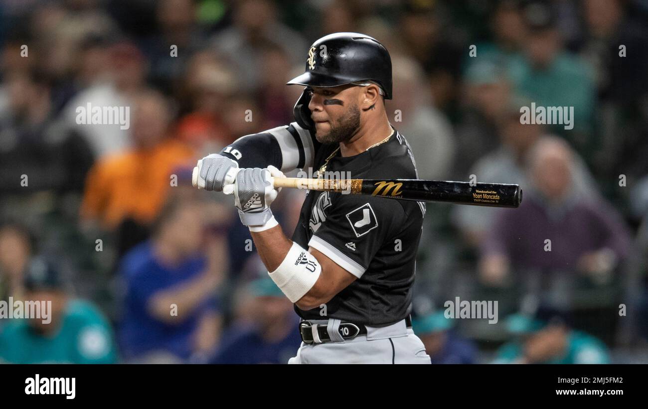 Seattle Mariners' Yoan Moncada is pictured during an at-bat in a baseball  game against the Seattle Mariners, Friday, Sept. 13, 2019, in Seattle. The  White Sox won 9-7. (AP Photo/Stephen Brashear Stock