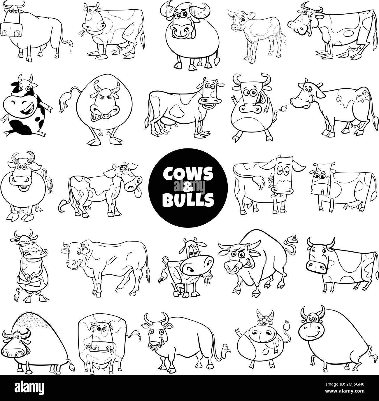 Black and white cartoon illustration of funny cows and bulls farm