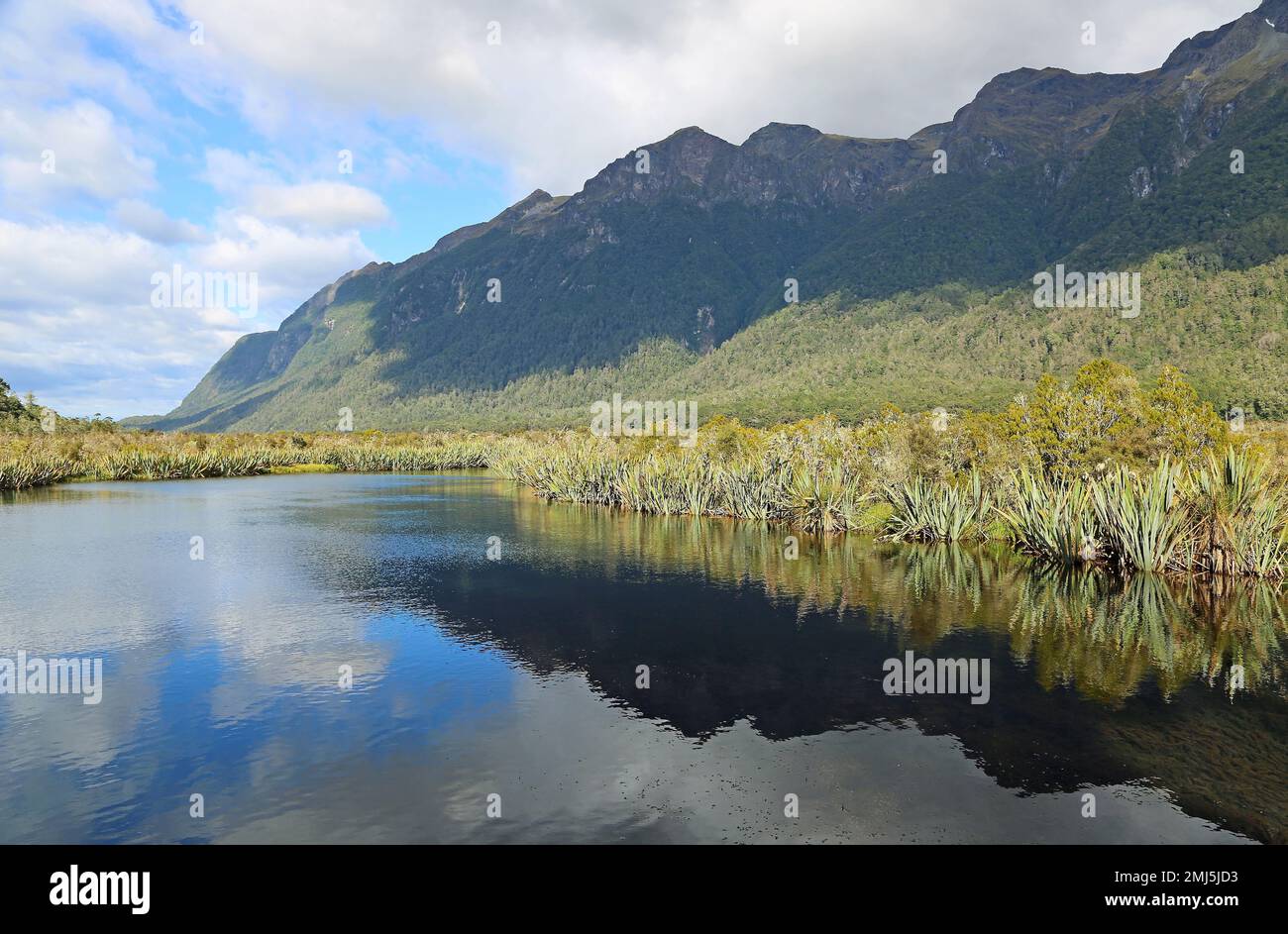 Mountains and Mirror Lake, New Zealand Stock Photo