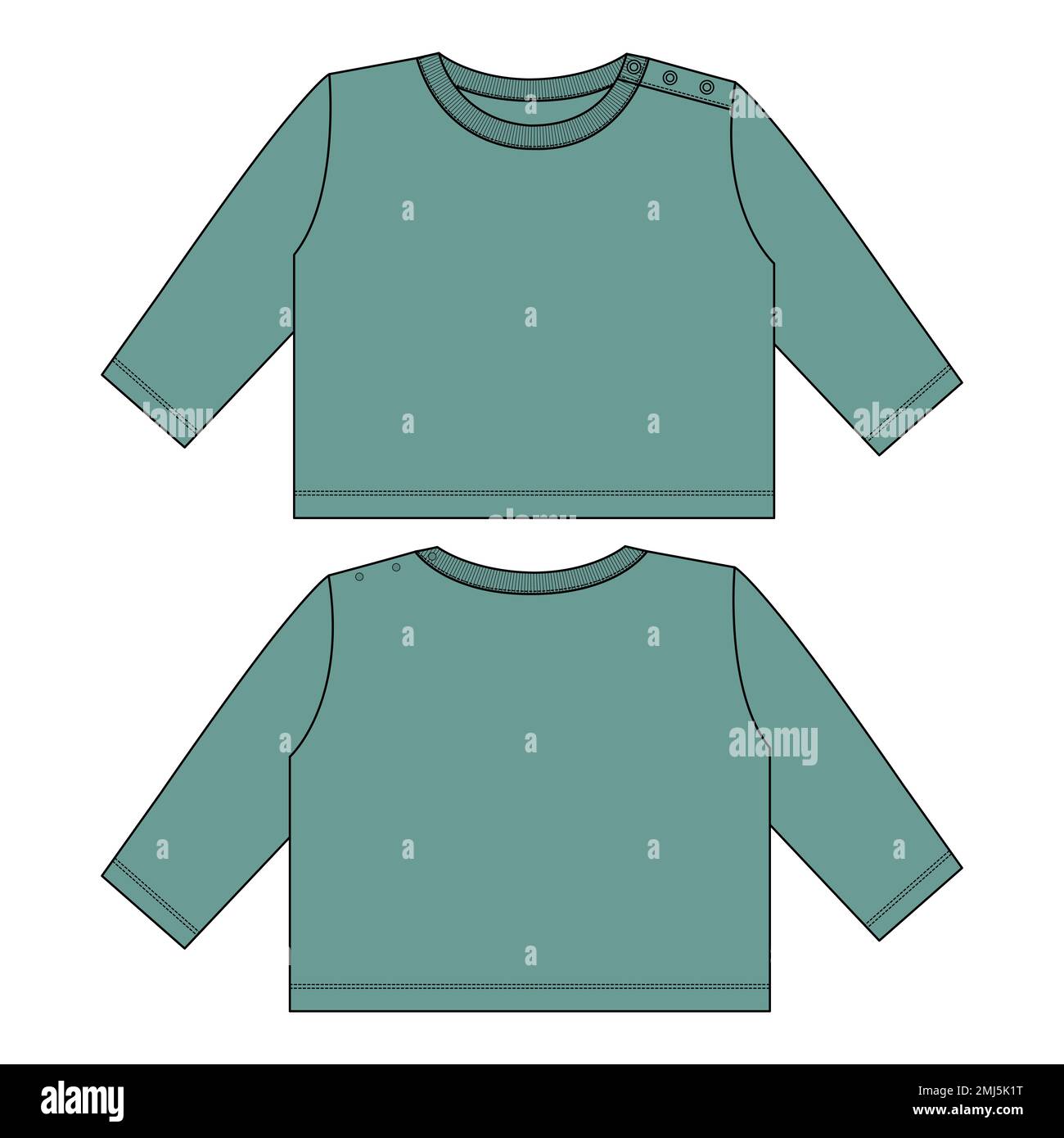 Regular fit long sleeve basic t shirt vector template for ladies and baby girls.Technical fashion flat sketch with crew neckline illustration mock up Stock Vector