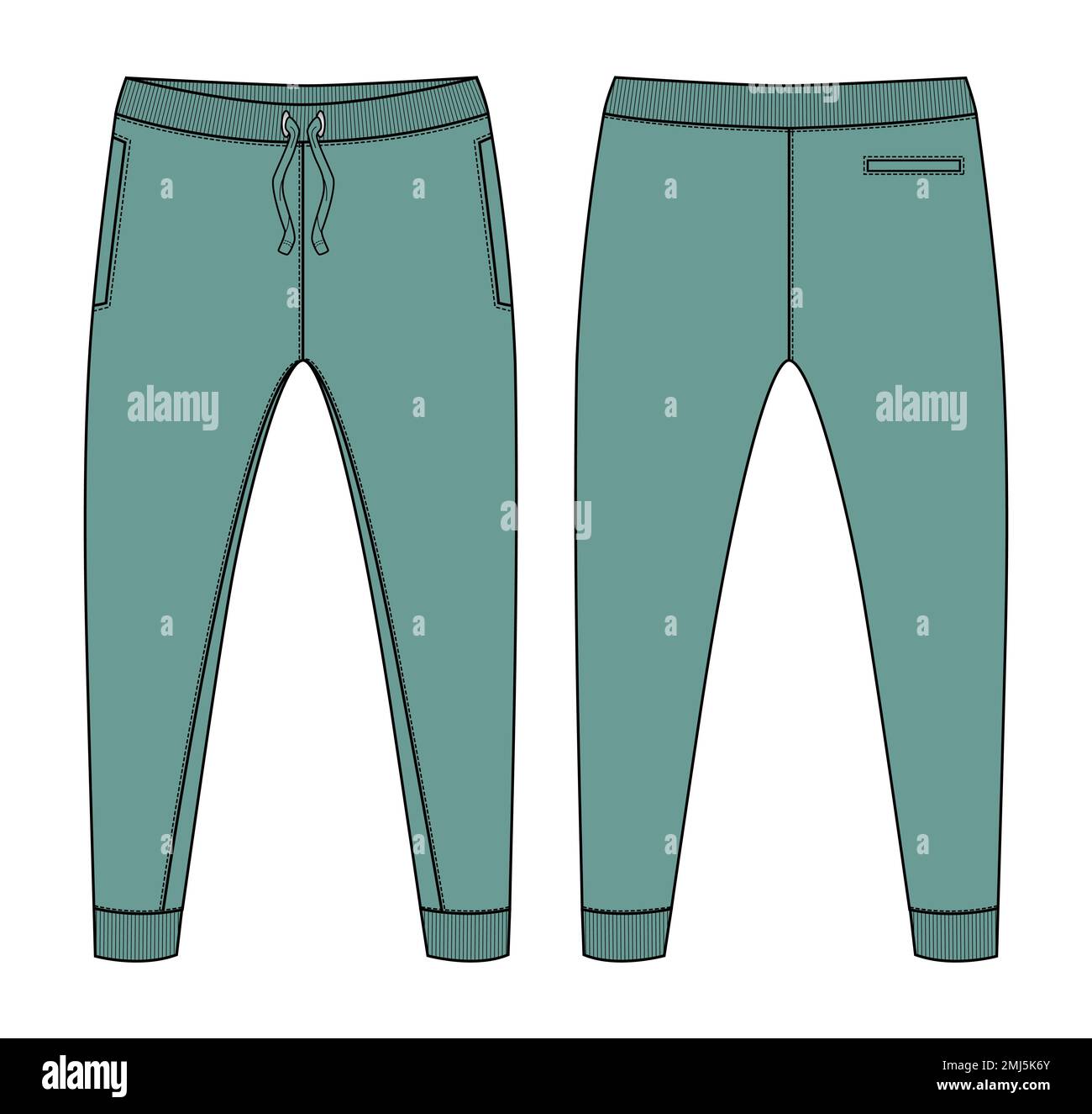 Fleece cotton jersey basic Sweat pant technical fashion flat sketch template front and back views. Stock Vector