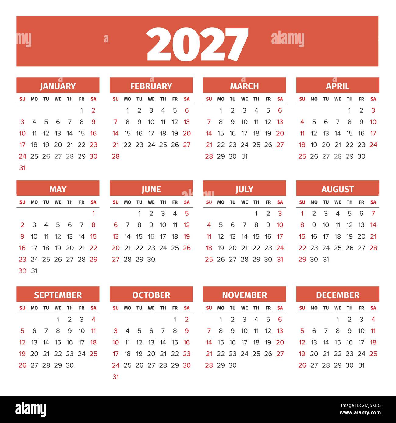 2027 Simple vector calendar. Weeks start on Sunday Stock Vector Image